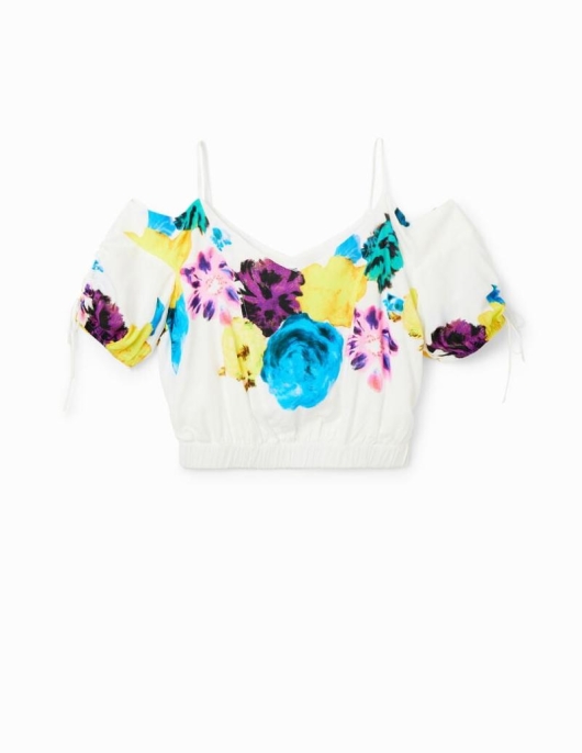 Femme Desigual Chemises Et Blouses | Blouse Courte Froncee Fleurs M.Christian Lacroix